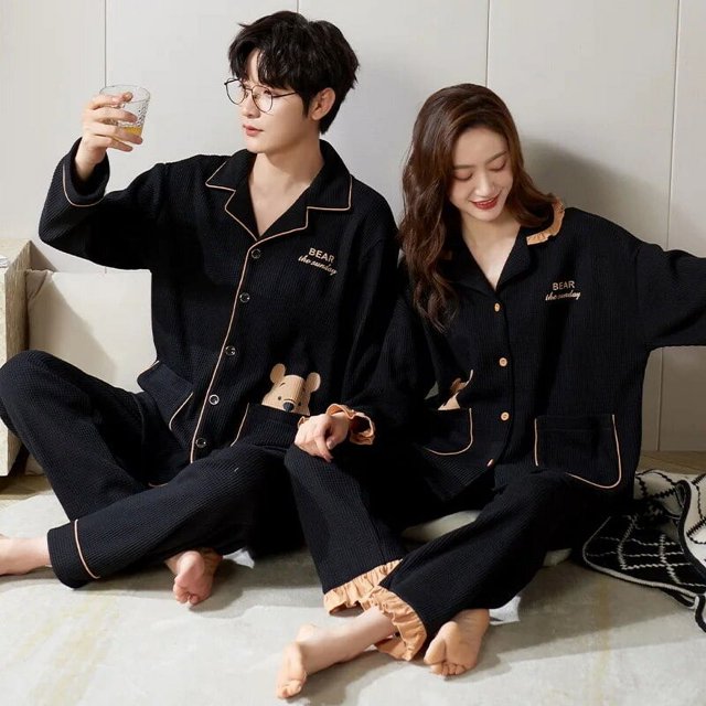 Pijamas de algodón para hombre y mujer, ropa de dormir con cuello vuelto, pantalones de manga larga, conjuntos de pijama sólidos, Otoño e Invierno