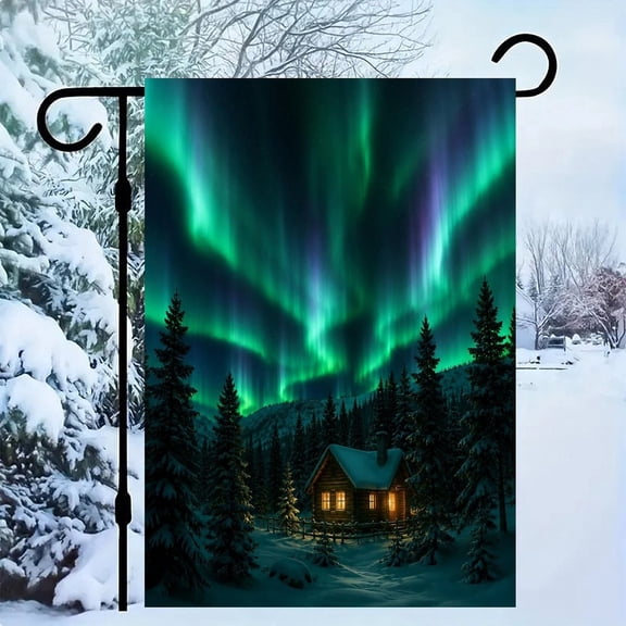 RKSupls Linen Double Sided Garden Flag, Aurora Cabin Snow Night Yard Flag Durable Wrinkle-Proof Outdoor Decor for Garden Lawn Patio and Holiday Gift