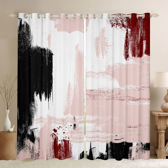 Manfei Vintage Oil Painting Kitchen Curtains, Watercolor Brushstroke Black Out Curtains Pack of 2 (42x63 Each), Pink, Red and Black