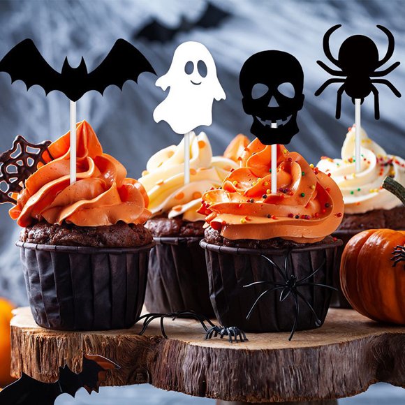 Musbetu 12 Pcs Halloween Cupcake Toppers Black Spider Skull Bat White Ghost Cake Picks for Halloween Theme Birthday Party Supplies