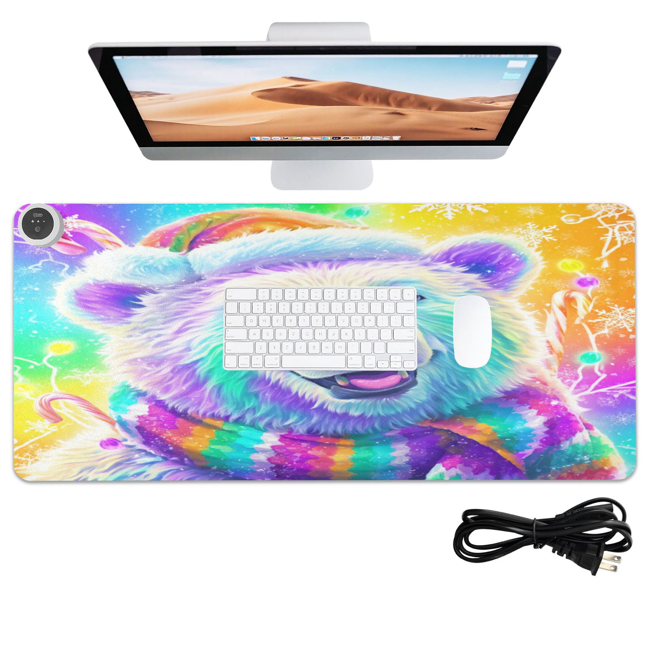 Large Heated Desk Mat Mouse Pad 31.5"x13"PU Leather Graphene Heating Desk Warmer with 3 Temperature Settings 110V US Plug Non-Slip Warm Pad for Home, Office, and Gaming Colorful Polar Bear Pattern