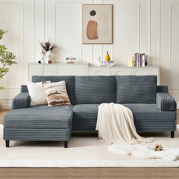Pingliang Home 98" L-Shaped Sectional Sofa with Chaise, Comfy Corduroy Fluffy 3 Seater Couch with 2 Cup Holders for Living Room,Apartment,Office, Dark Gray