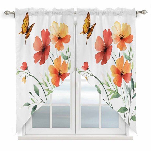 Swag Valance Curtains for Windows, Orange Red Flowers Light Filtering Kitchen Curtains with Rod Pocket, Watercolor Rustic Pastoral Botanical Window Treatment Valances for Living Room, 36x36 - 2 PCS