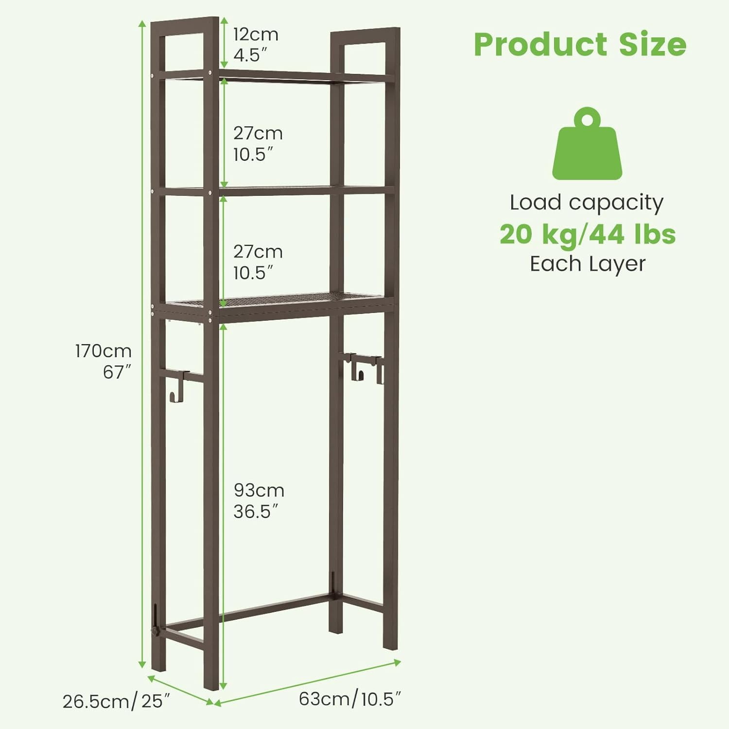 3-Tier Over the Toilet Storage Rack, Freestanding Bathroom Organizer Space Saving w/ Hooks Brown