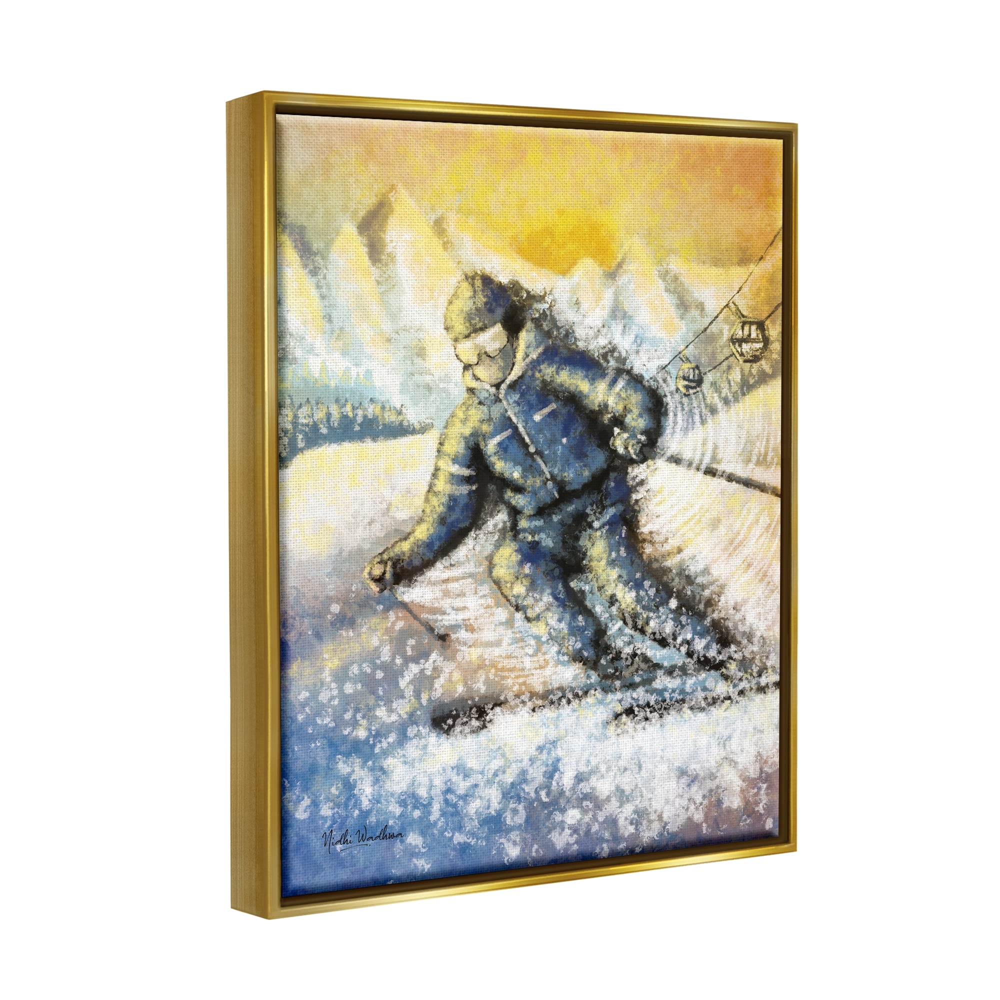 Stupell Industries Person Skiing on Slopes Sports Painting Gold Floater Framed Art Print Wall Art, 25 x 31