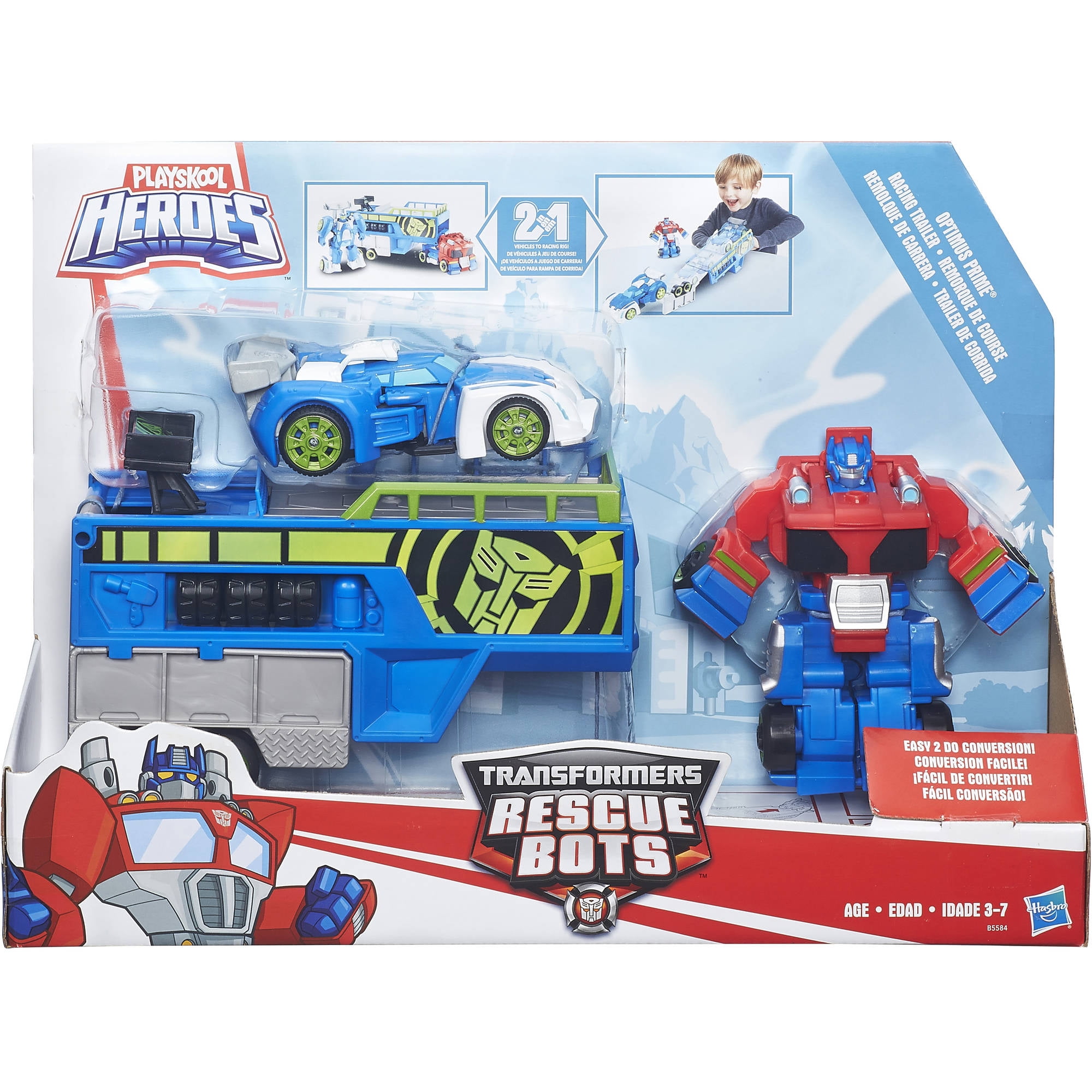 playskool heroes transformers rbt optimus prime race track trailer playset