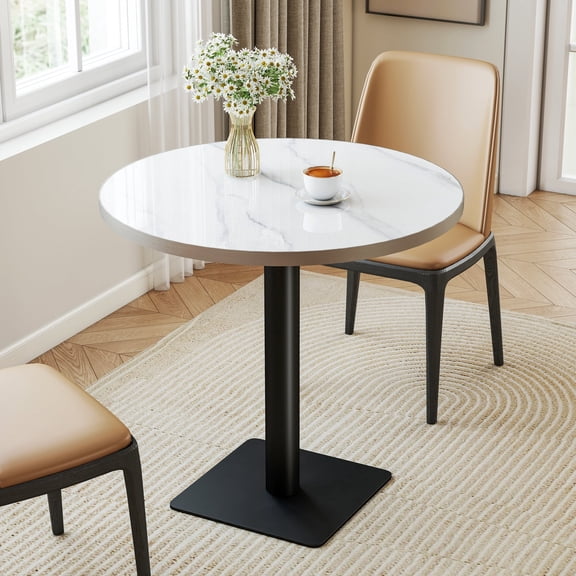 SSTBLEV 31.5 in Round Sintered Stone White Table Top and Metal Pedestal Edge Dining Table
