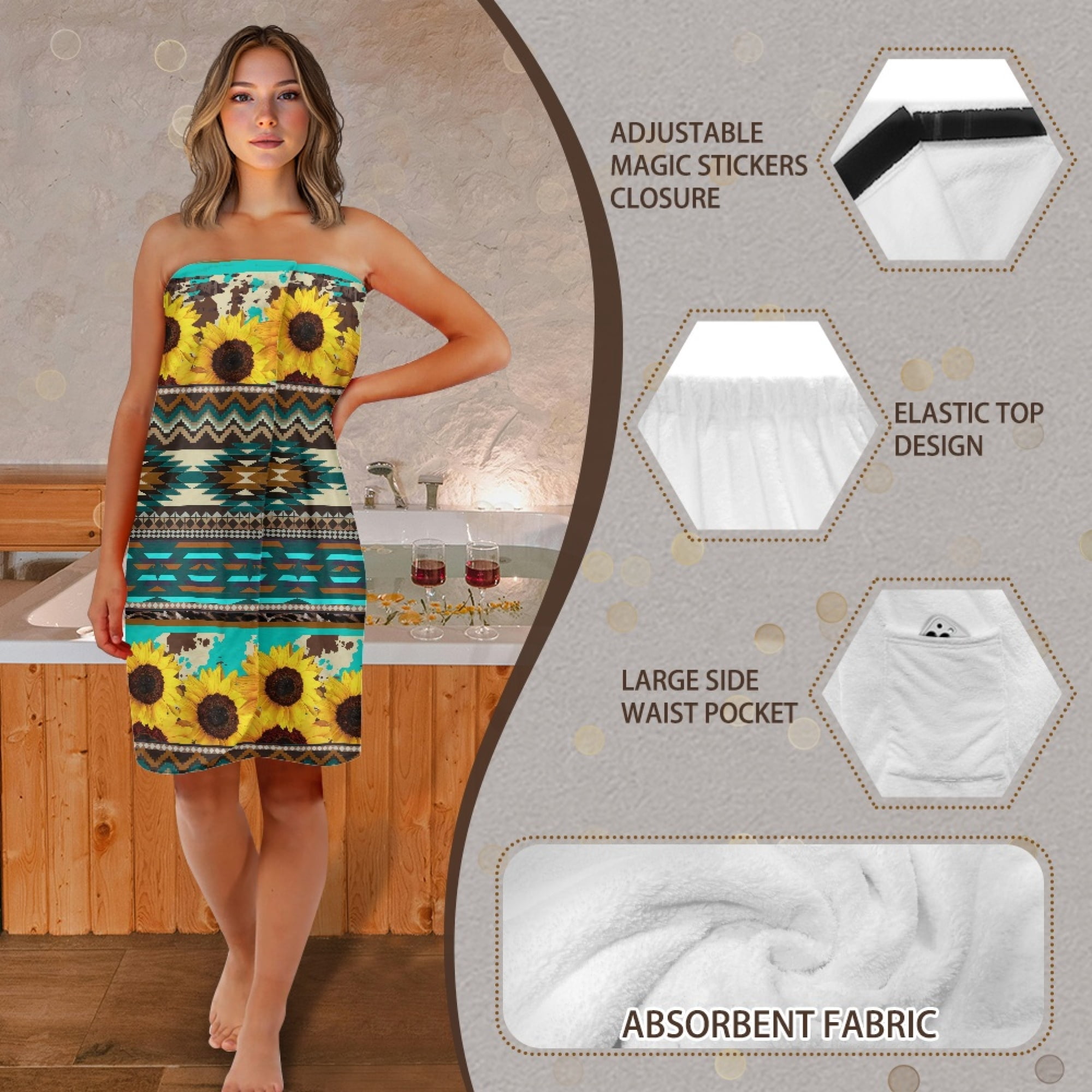 Yuyamidu Aztec Cow Print Wrap Towel for Women Sunflower Bath Wrap with Adjustable Closure Pocket Breathable Shower Towel Wrap for Adults Bathroom Towels Size L