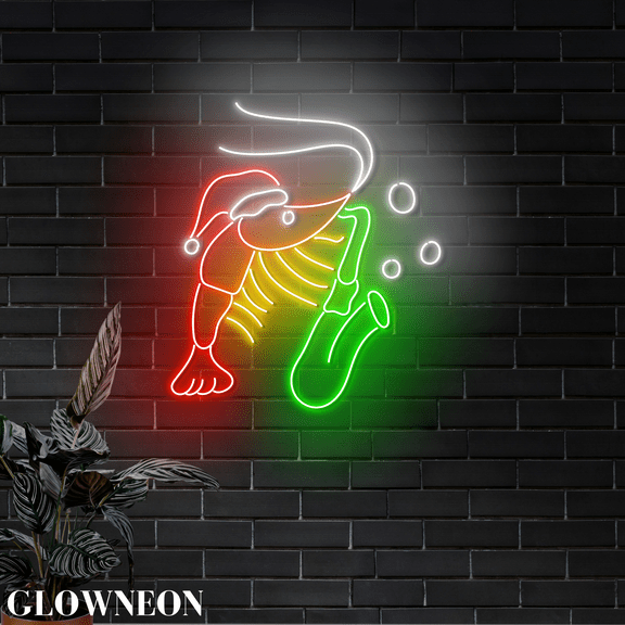 Glowneon Shrimp Blows Trumpet Christmas Neon Sign, Seafood Xmas Decor