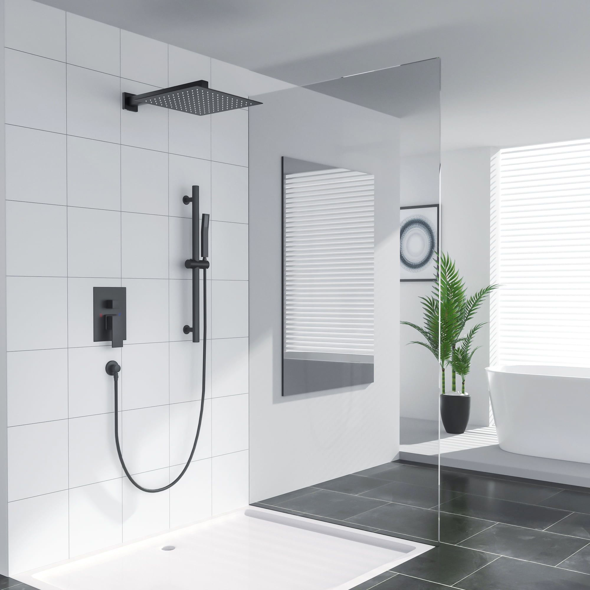 Matte Black Shower Faucet Set LED Rainfall Head Sprayer Combo kit with Mix Valve 