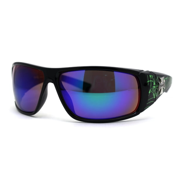 Choppers Mens Spider Web Print Rectangular Warp Biker Motorcycle Sunglasses Green Teal Mirror