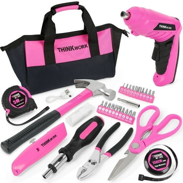 THINKWORK 41-Piece Pink Tool Kit for Women - Lady’s Tool Set with Rechargeable 3.6V Electric Screwdriver & Wide-Access Tool Bag, Ideal for Home DIY and Daily Maintenance