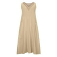 thumbnail image 4 of CHOK Robes d'Été Femmes Décontractées Sans Manches Lin Coton Fluide Poche Longue Maxi Robes d'Été pour Femmes Couleur Unie Grande Taille Robe pour Femmes Col en V Robe de Collation des Grades, 4 of 8