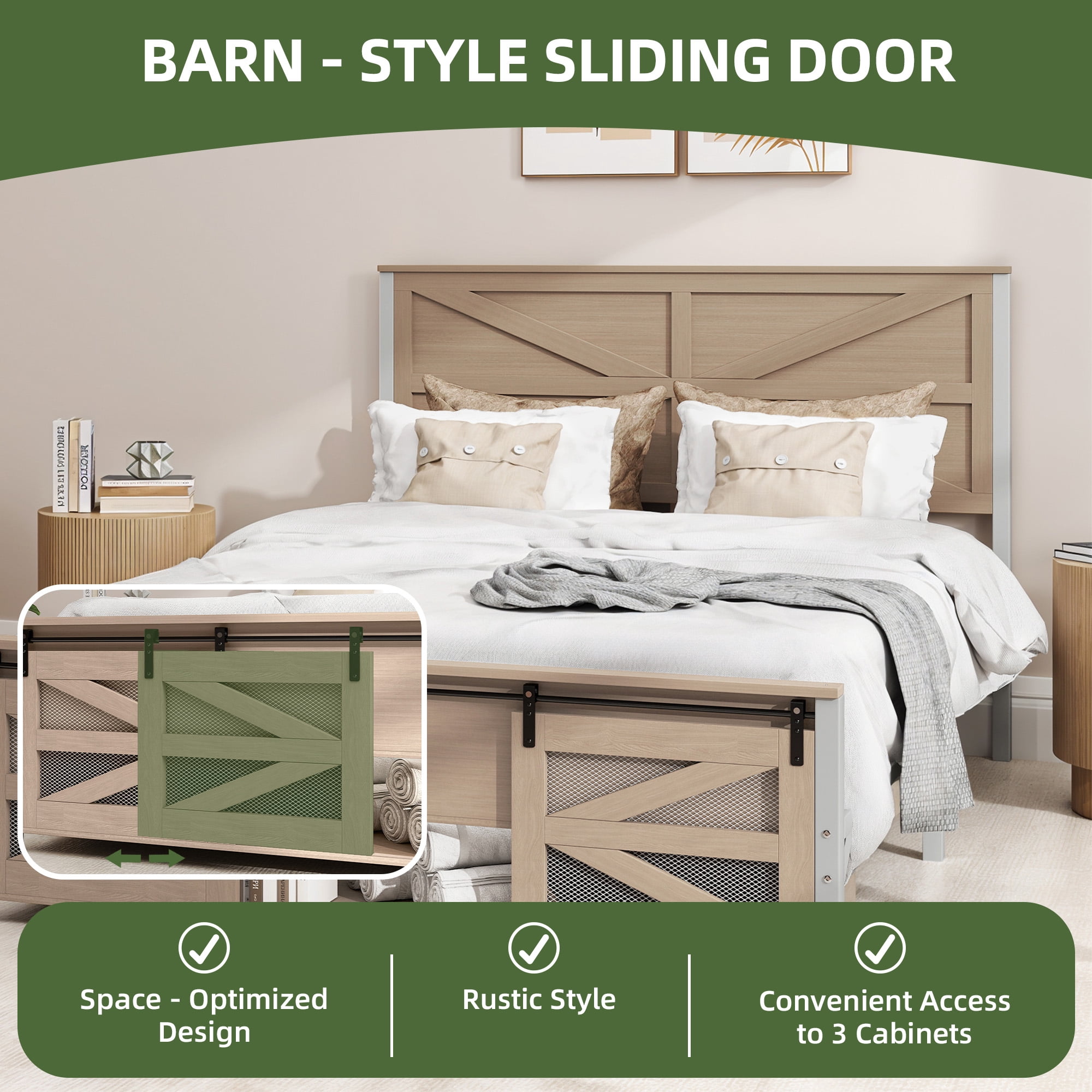 Uforic Bed End Barn Door Queen Size Bed Frame with Headboar Storage, Steel Mesh Door & Sturdy Construction, Oak