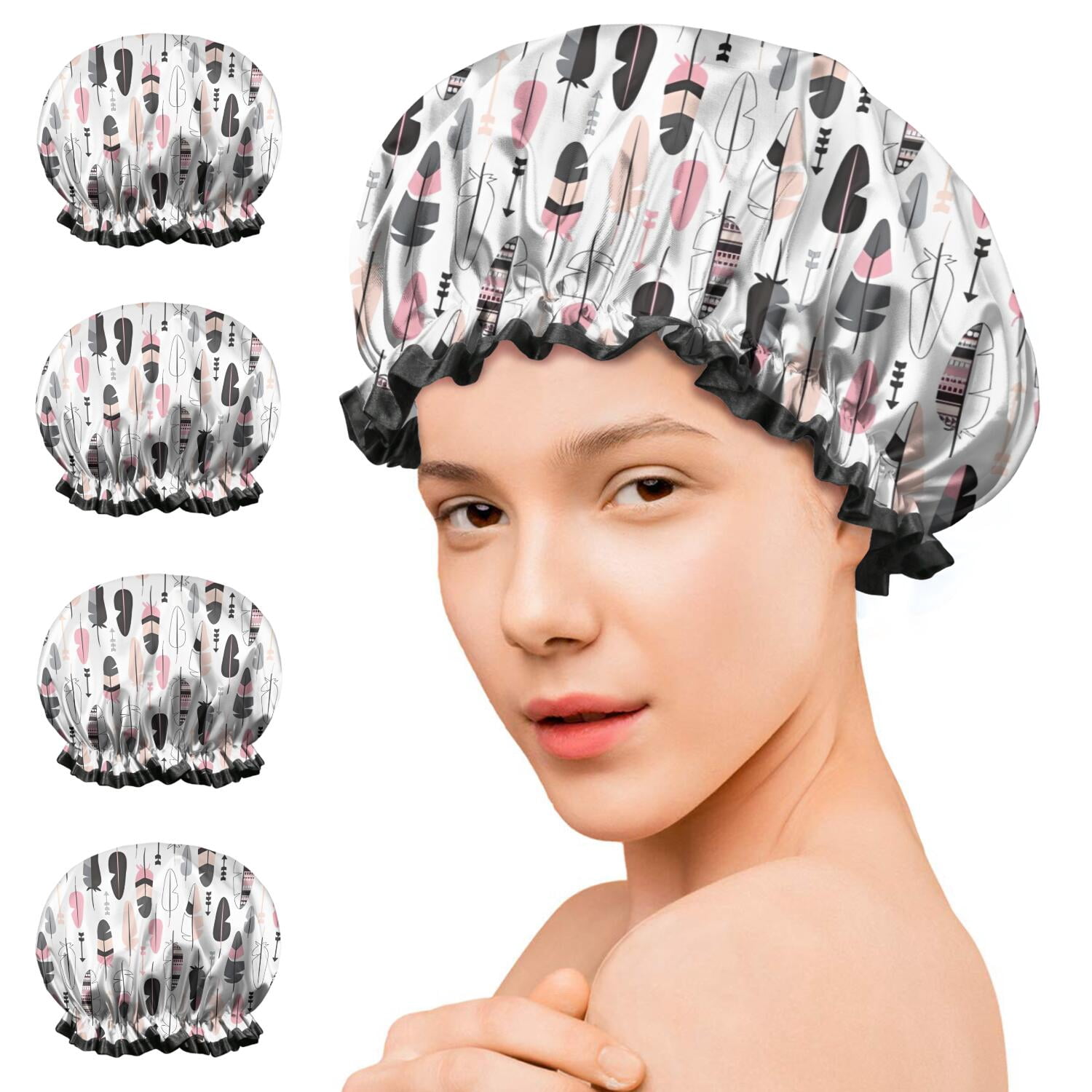 Shower Caps,Pink Black Geometric Feather and Arrow Pattern Waterproof Shower Cap for Women 4 Pieces,Double Reusable Hair Cover for Shower PEVA Elastic Stretch Hem