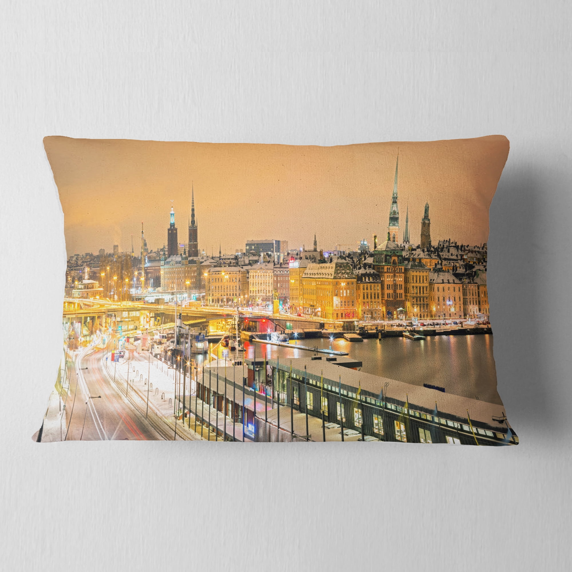 Designart Stockholm Cityscape Panorama - Cityscape Photo Throw Pillow - 12x20