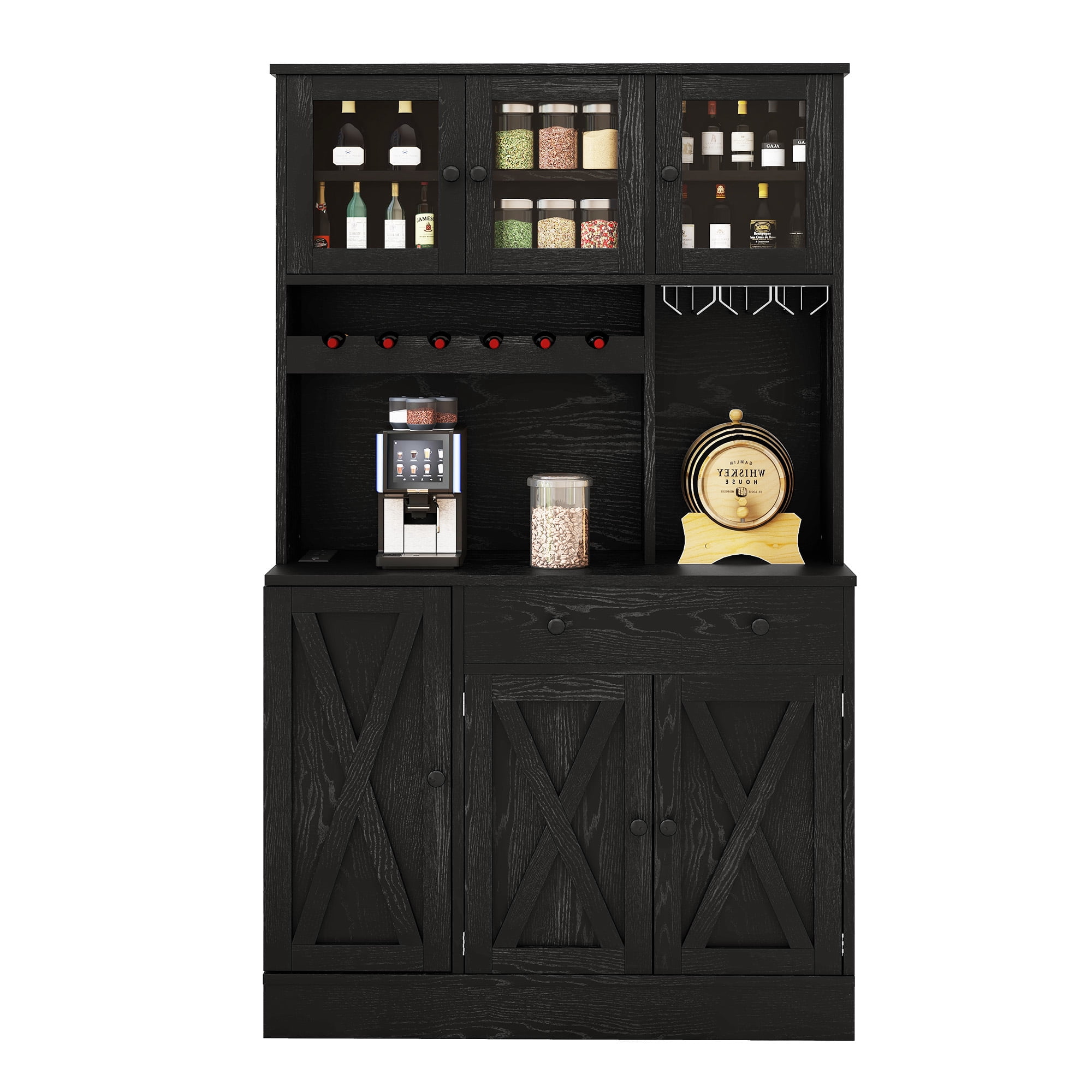 Uforic Kitchen Pantry Cabinet with Charging Station and Drawers,Storage Cabinet for Entryway, Kitchen Black