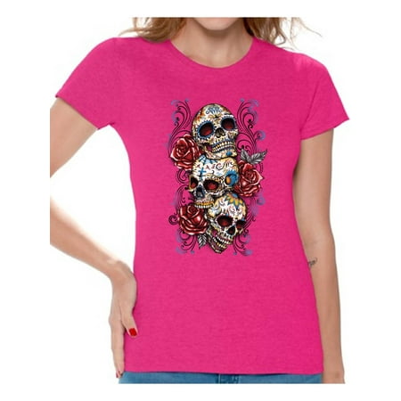 Awkward Styles Three Sugar Skull Tshirt for Women Skull Red Roses Shirt Sugar Skull Shirt Day of the Dead Shirt Dia de los Muertos Gifts for Her Skull T-Shirt Halloween Outfit Sugar Skulls Tshirt