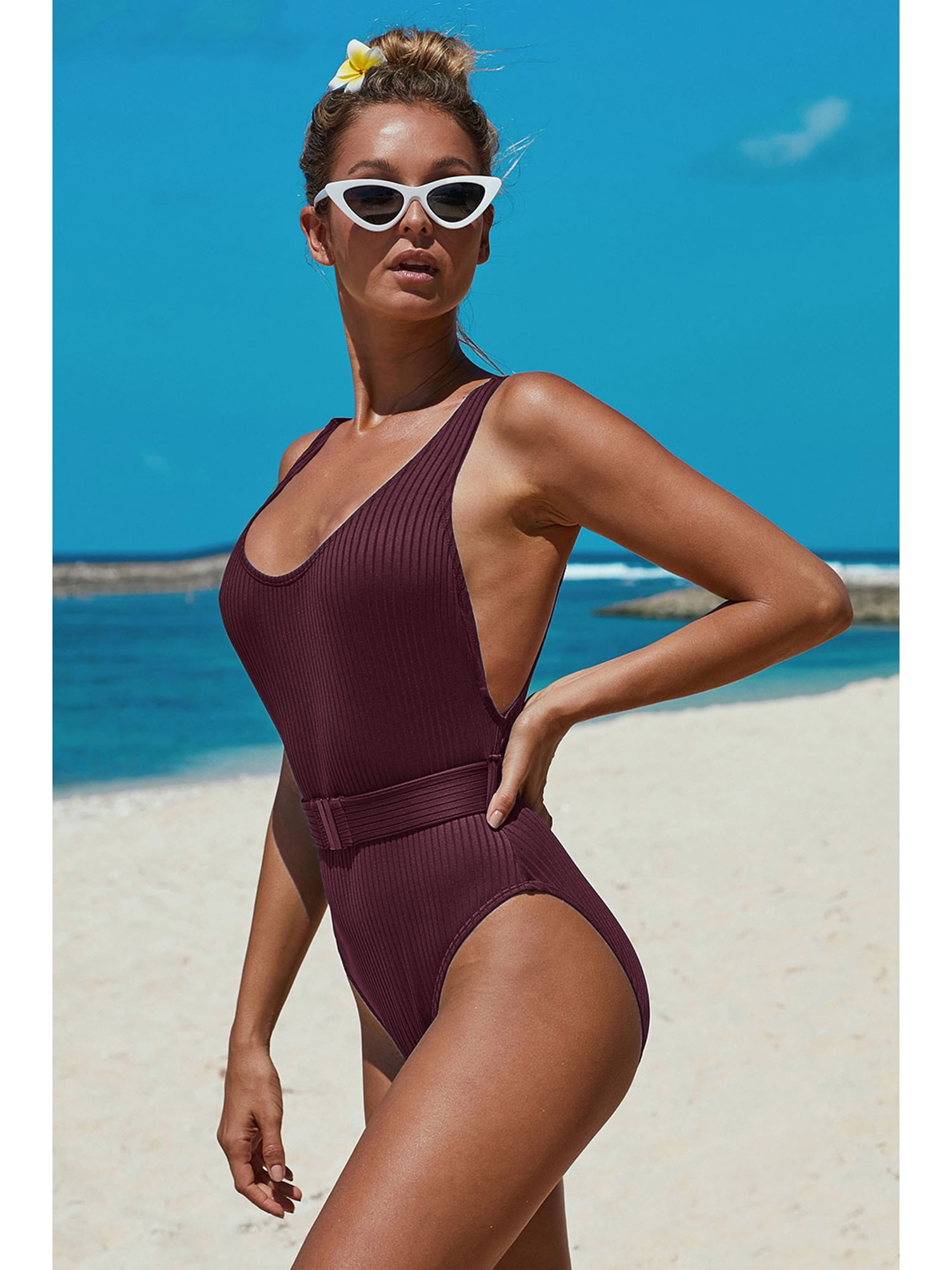 FANNYC Women's One Piece Textued Ruched Swimsuit Belly Support