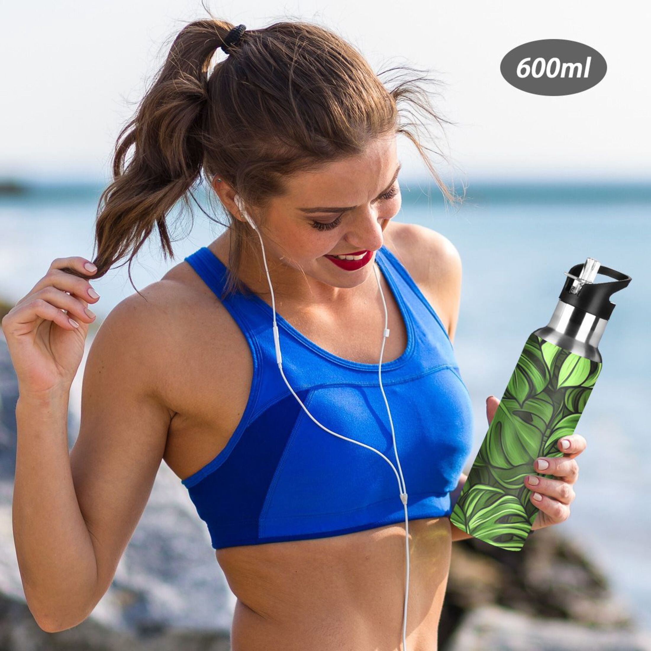 Green Monstera Leaves Sports Bottle with Straw Stainless Steel Water Jug Portable Thermal Cup Leak-proof 1000ML