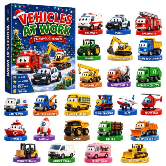 24 Pack Christmas Tree Ornaments Set with Acrylic Vehicle Designs, Cute Holiday Decor for Student Party Favors, Christmas Gifts for Boys