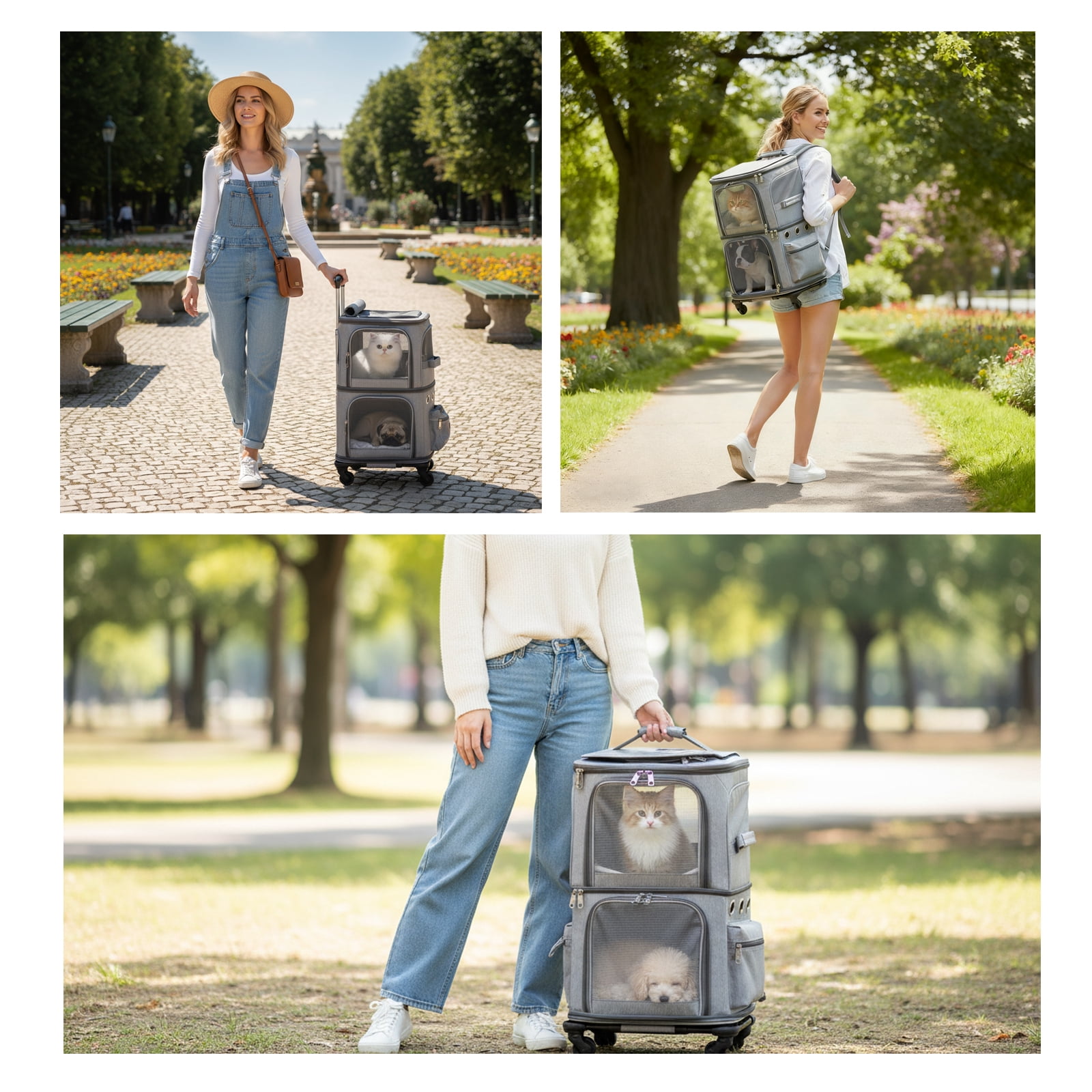 MINGYI Double-Compartment Pet Carrier with Wheels,Dog Backpack Carrier for 2 Small Dogs and Cats,Cat Rolling Carrier for Traveling/Taking a Walk/Trips to The Vet(Grey)