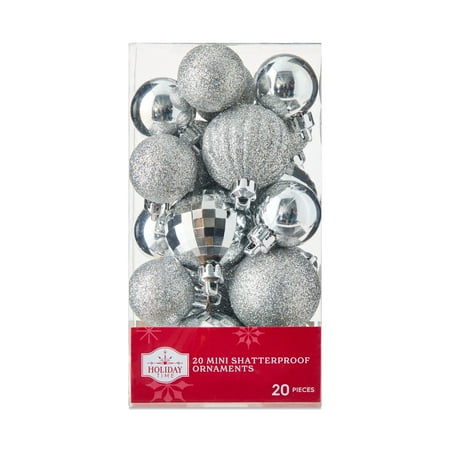 Mini Silver Multi-Textured Shatterproof Christmas Ornaments, 20 Count, by Holiday Time