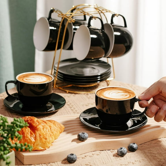 BTaT Tea Cups and Saucers, Set of 12, 8oz, Black, Porcelain Tea Set for Adults, Cappuccino Cups