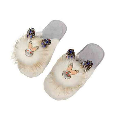 

Slippers For Women Indoor House Slippers For Women Cute Slippers Women Autumn And Winter Fashion Rhinestone Rabbit Ears Baotou Half Slippers Women Gray