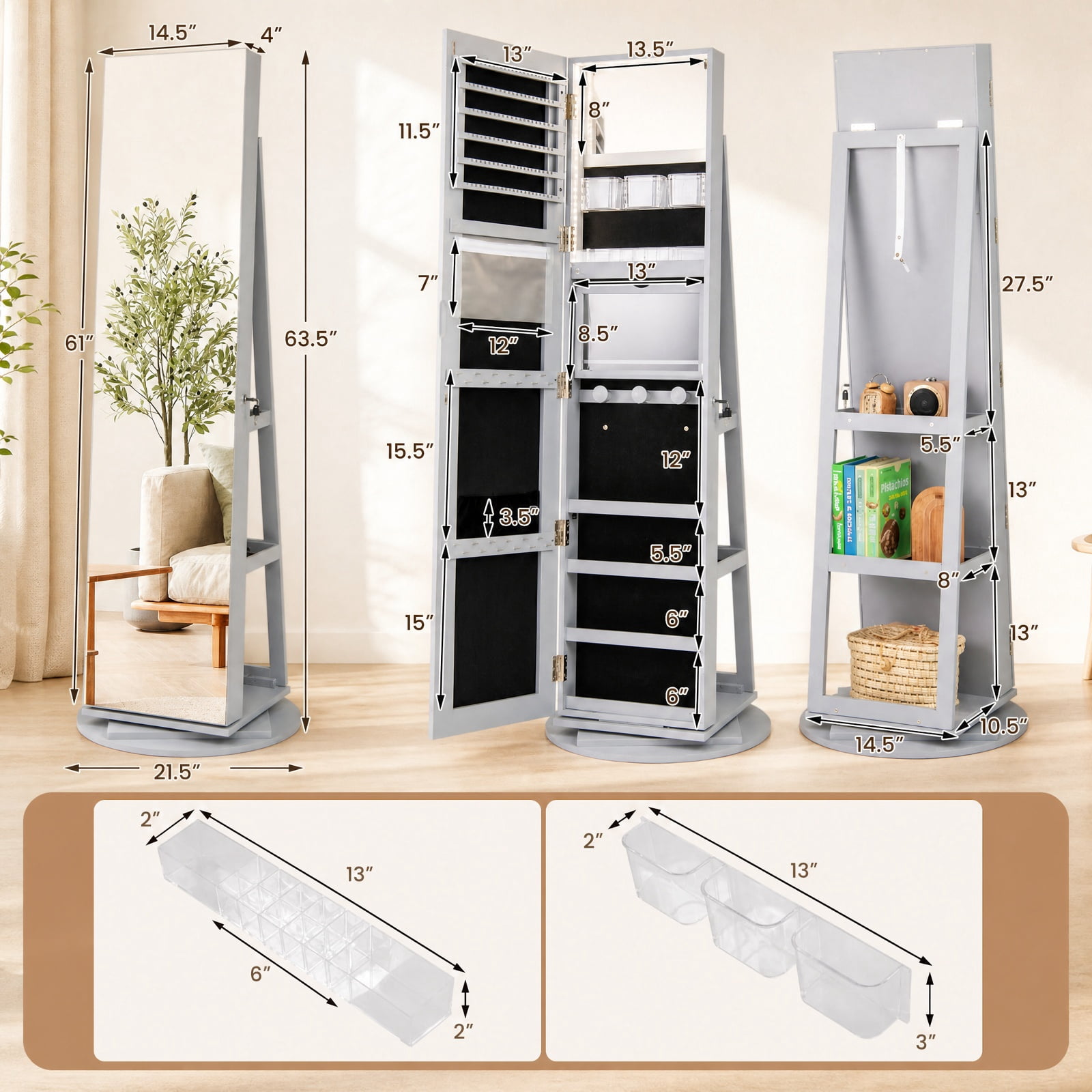 Furnibear 360° Rotating Mirrored Jewelry Cabinet Armoire 3 Color LED Modes Lockable for Bedroom Dressing Room Jewelry Necklace Rings Storage, Gray