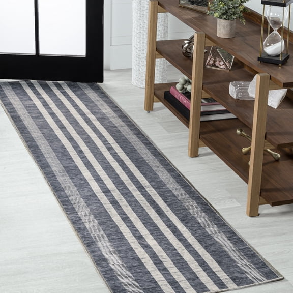 JONATHAN Y WASHABLE 2 x 8 Runner Rug, Vichy Geometric Striped - Slate Gray/Ivory, WSH122C-28