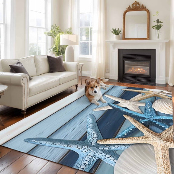 5'x8' Area Rugs, Coastal Starfish Indoor Outdoor Area Rug for Living Room Bedroom, Blue Wooden Grain Seashells Country Washable Bathroom Rugs Kitchen Floor Carpet Mats Home Decor Aesthetic