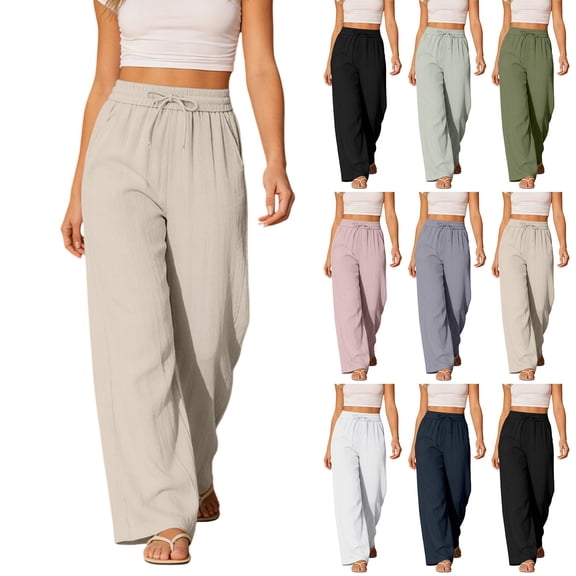 Women's High Waist Elastic Rayon Wide Leg Pants Casual Flowing Beach Trousers With Side Pockets Loose Breathable Summer Relaxed Fit