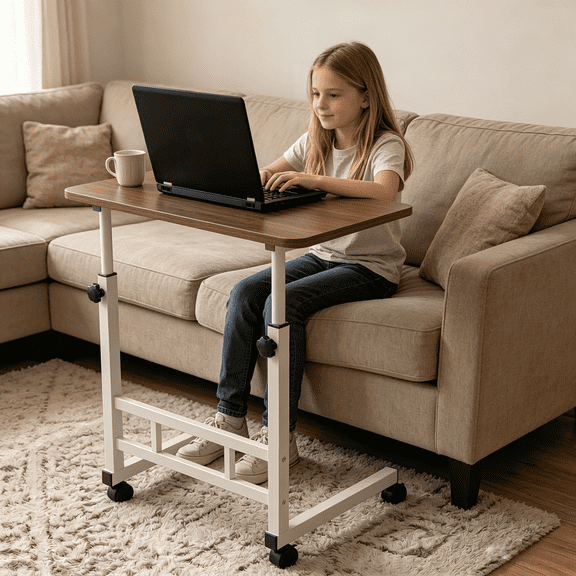 Height-Adjustable Table with Wheels Standing Desk Crafting Workstation, Mobile Computer Desk with Universal Wheels, for Home Office, Sofa, Small Space