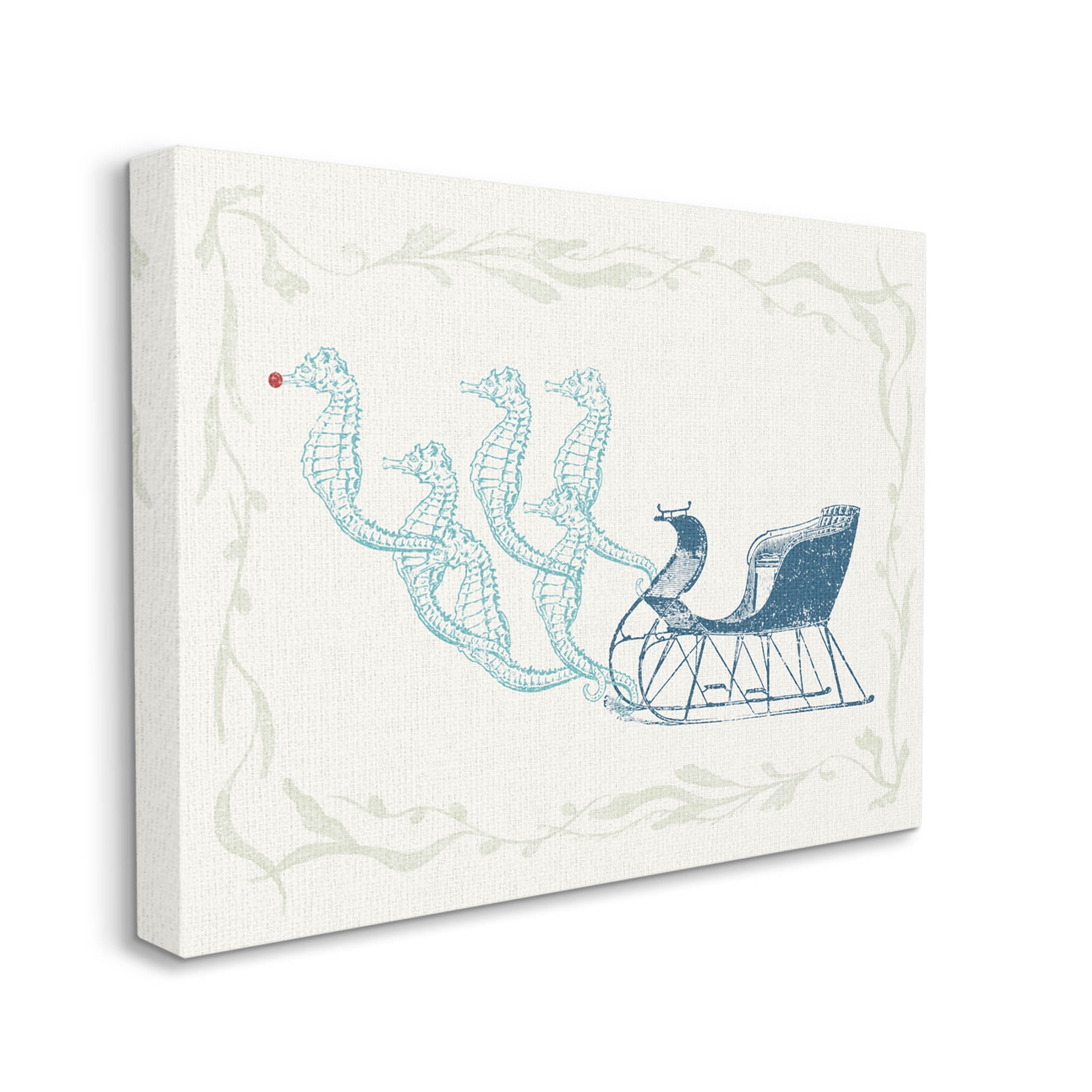 Seahorse Santa Sled Nautical Christmas Holiday Graphic Art Gallery Wrapped Canvas Print Wall Art
