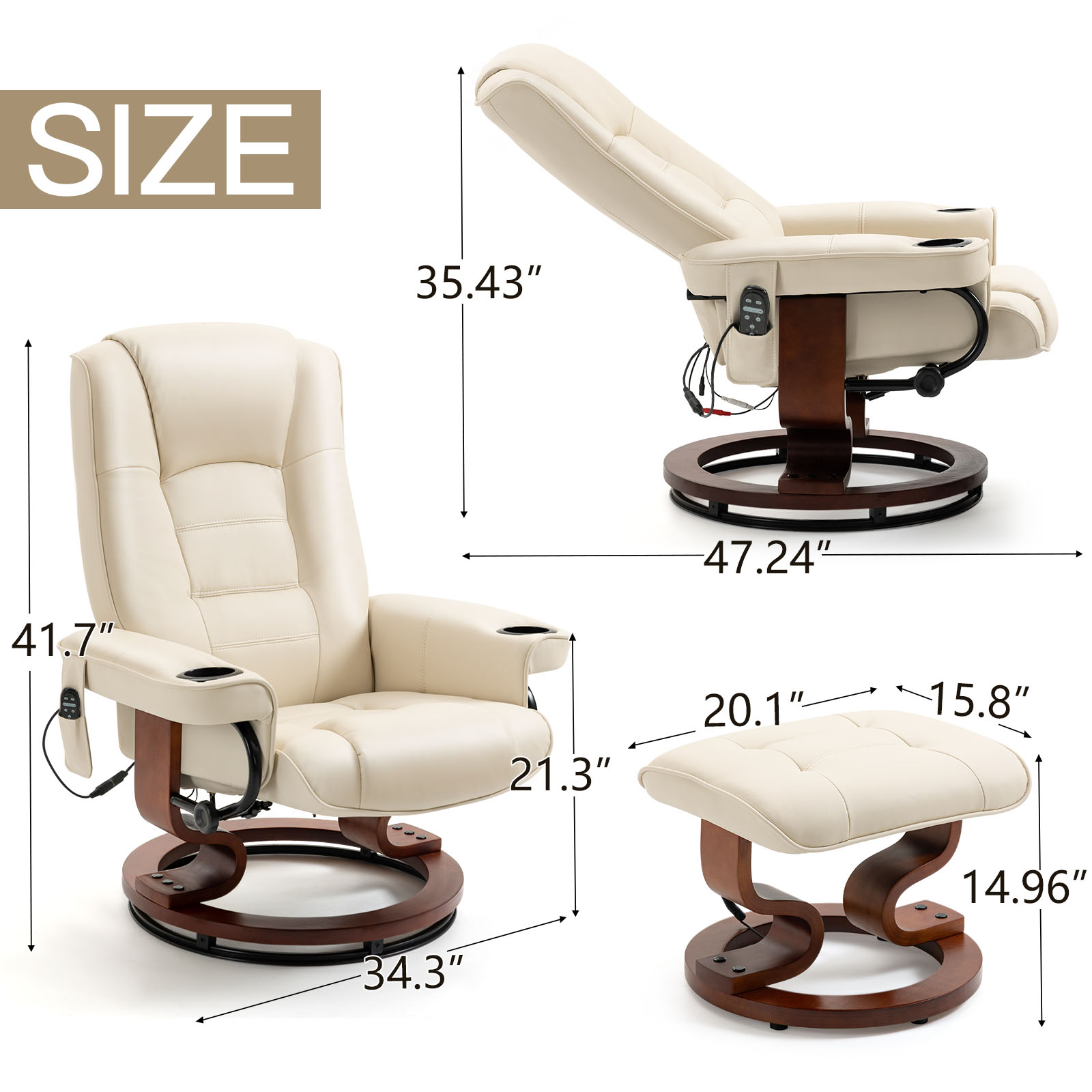AVAWING Massage Recliner Chair with Ottoman, 360° Swivel PU Leather Reclining Chair, Beige