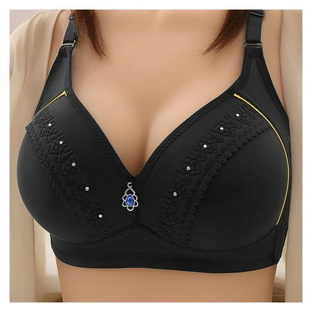 AYYUFE 3PCS Women Bra Back Closure Wireless Soft Breathable Rhinestone Decor Elastic Anti-snagging Breast Support Wide Shoulder Strap Mid-aged Mother Bra Black 38B