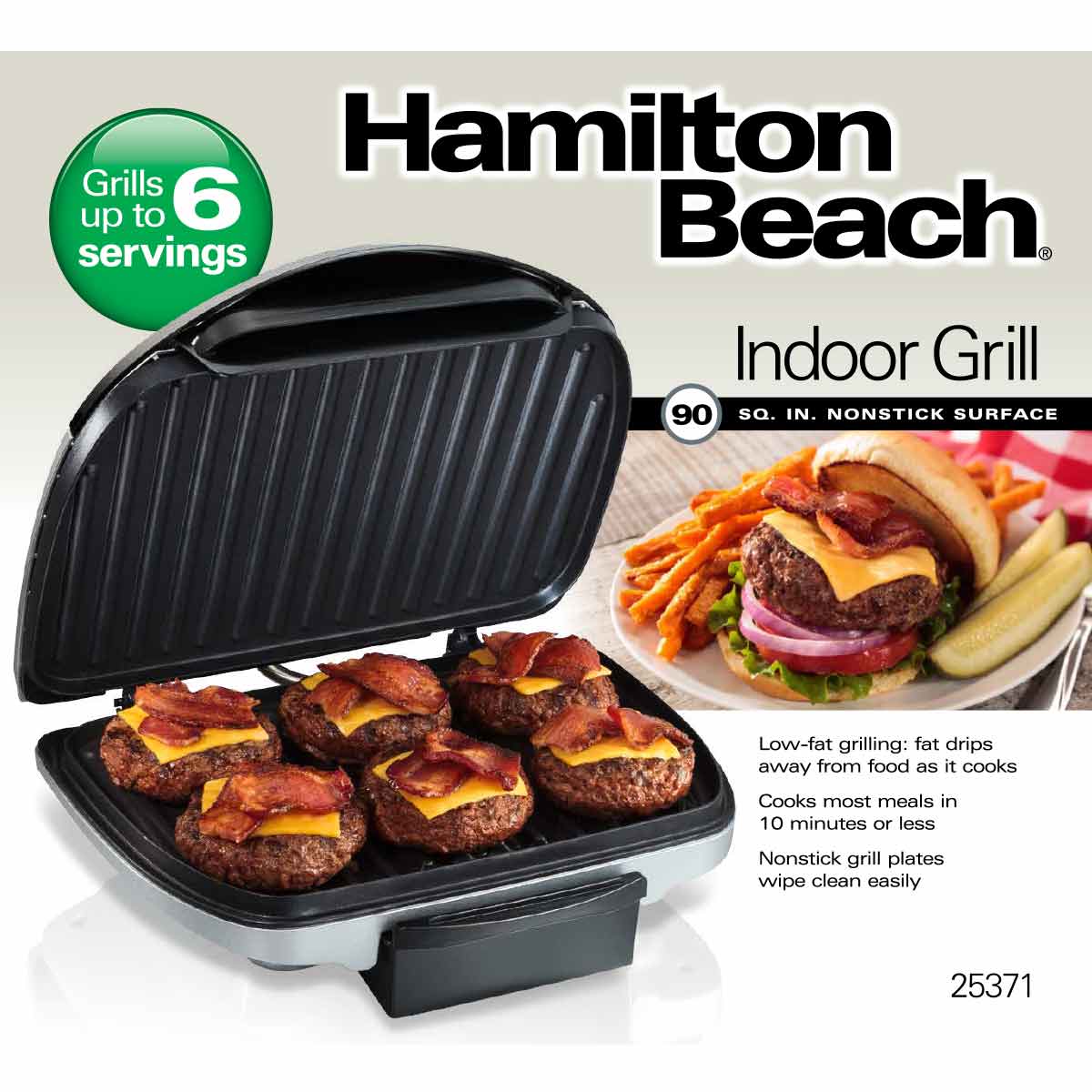 Hamilton Beach Electric Indoor Grill, 6-Serving, Large 90 sq.in. Nonstick Easy Clean Plates, Floating Hinge for Thicker Foods, 1200W, Stainless Steel, 25371 - image 5 of 5