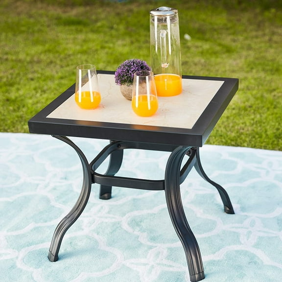 LOKATSE HOME 21" Outdoor Square Patio Dining Table Metal Steel Legs with Ceramics Top, Black
