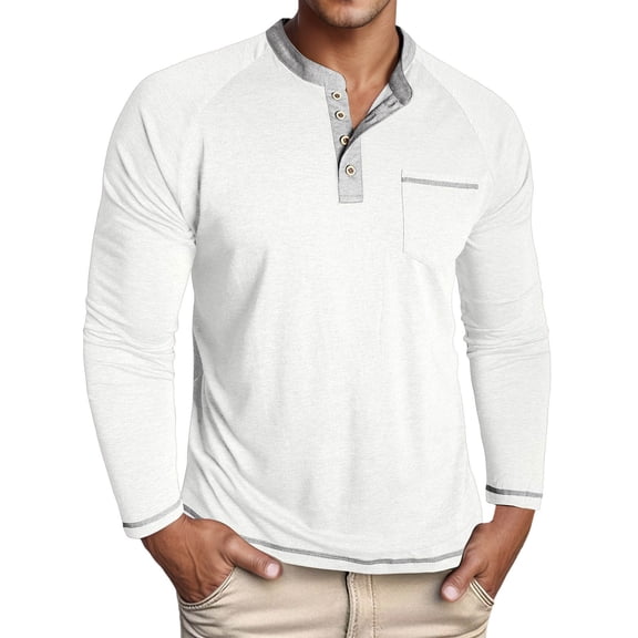 KHONTS Men's Henley Shirts Long Sleeve Casual T Shirts Basic Classic Vintage Cotton Tee Shirts Button Shirts with Pockets White XL