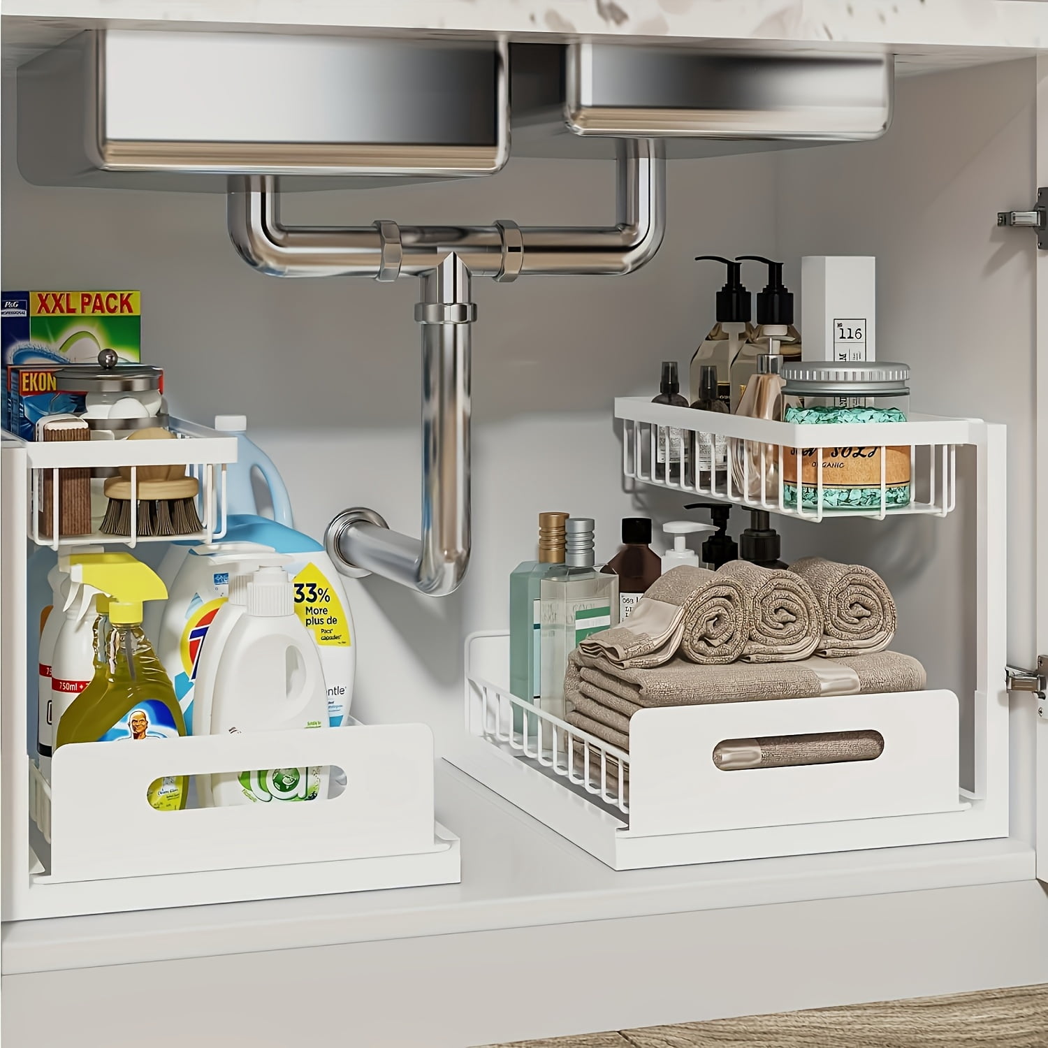 2 Pack Under Sink Organizer Pull Out, 2 Tier Slide Out Cabinet Storage Shelf for Kitchen Bathroom Sink Cabinet