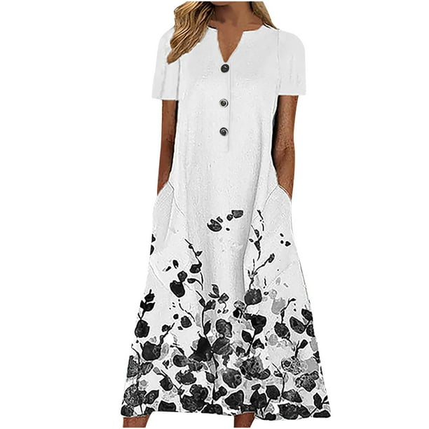 Moda mujer verano estampado casual cuello pico botón manga corta vacaciones bolsillos vestido Fridja qw7117