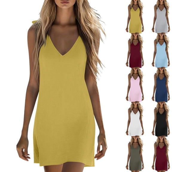 Summer Dresses for Women Deep V-Neck Bow Strap Low Back Solid Casual Loose Prom Wedding Guest Cocktail Dresses S-2XL