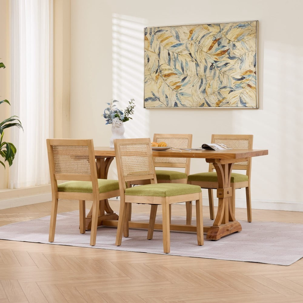 Rattan Dining Chairs Set of 2, Farmhouse Mid Century Modern Kitchen Chairs with Cane Backrest, Linen Upholstered Seat, Solid Wood Frame, Olive Green