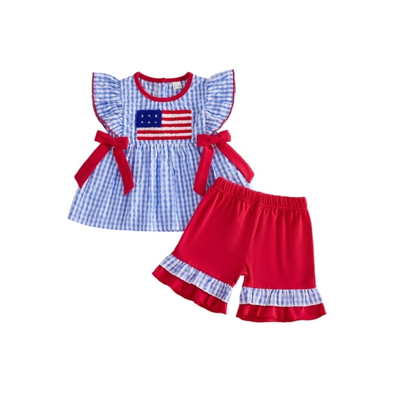 BemeyourBBs Toddler Baby Girl 4th of July Outfit Baby Girls Independent Day Summer Clothes Patriot American Flag Embroidery Plaid Fly Sleeve Tunic Shirt Tops Elastic Waist Ruffled Shorts Set