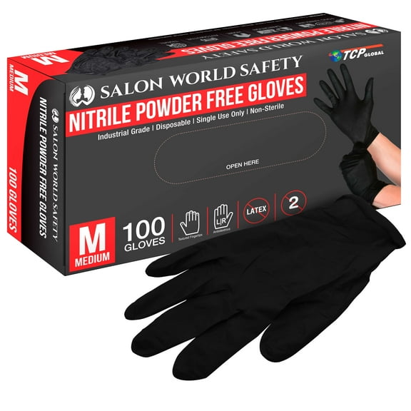 Salon World Safety Black Nitrile Disposable Gloves, Box of 100, Size Medium, 4 Mil Thick - Latex Free, Powder Free, Textured Tips, Food Safe, Comfortable, Extra-Strong Protective Working Gloves