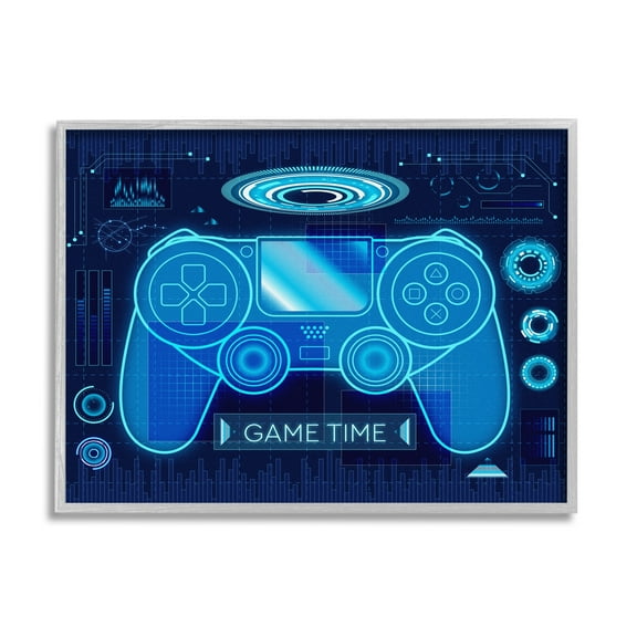 Stupell Industries Game Time Bold Blue Computer Theme Gaming Controller Graphic Art Gray Framed Art Print Wall Art, 30x24, by Ziwei Li