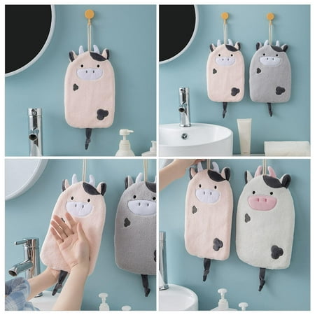 

kitchen towels 2PCS Cartoon Small Cow Hand Towels Water-absorbent Dish Towels Decor (Pink+Grey)
