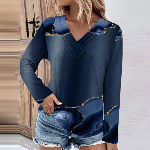 Ichuanyi liquidación de moda femenina camiseta suelta de mangas de mangas largas de mangas en v tops casuales ICHUANYI WER202308181130