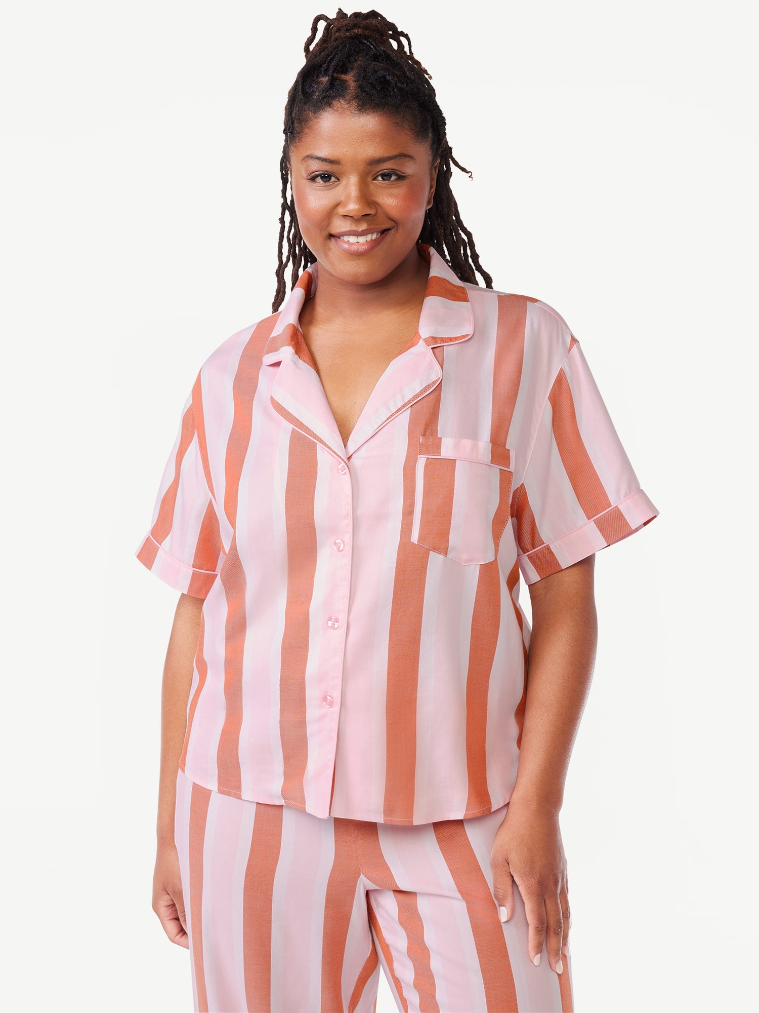 Joyspun Women's Woven Notch Collar Pajama Top, Sizes S to 3X
